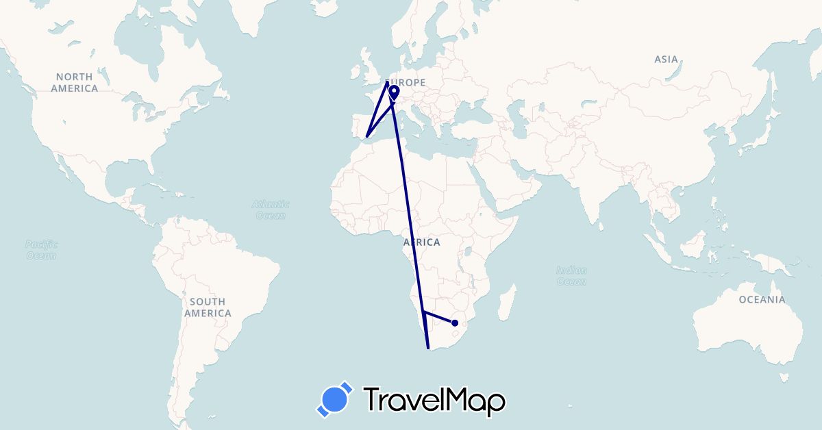 TravelMap itinerary: driving in Belgium, Switzerland, Spain, Namibia, South Africa (Africa, Europe)